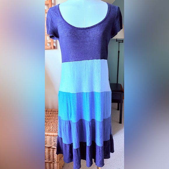Boden Color-block A-line Stretchy Knit Linen Dress w Cap Sleeves n Blues & White - Picture 5 of 10